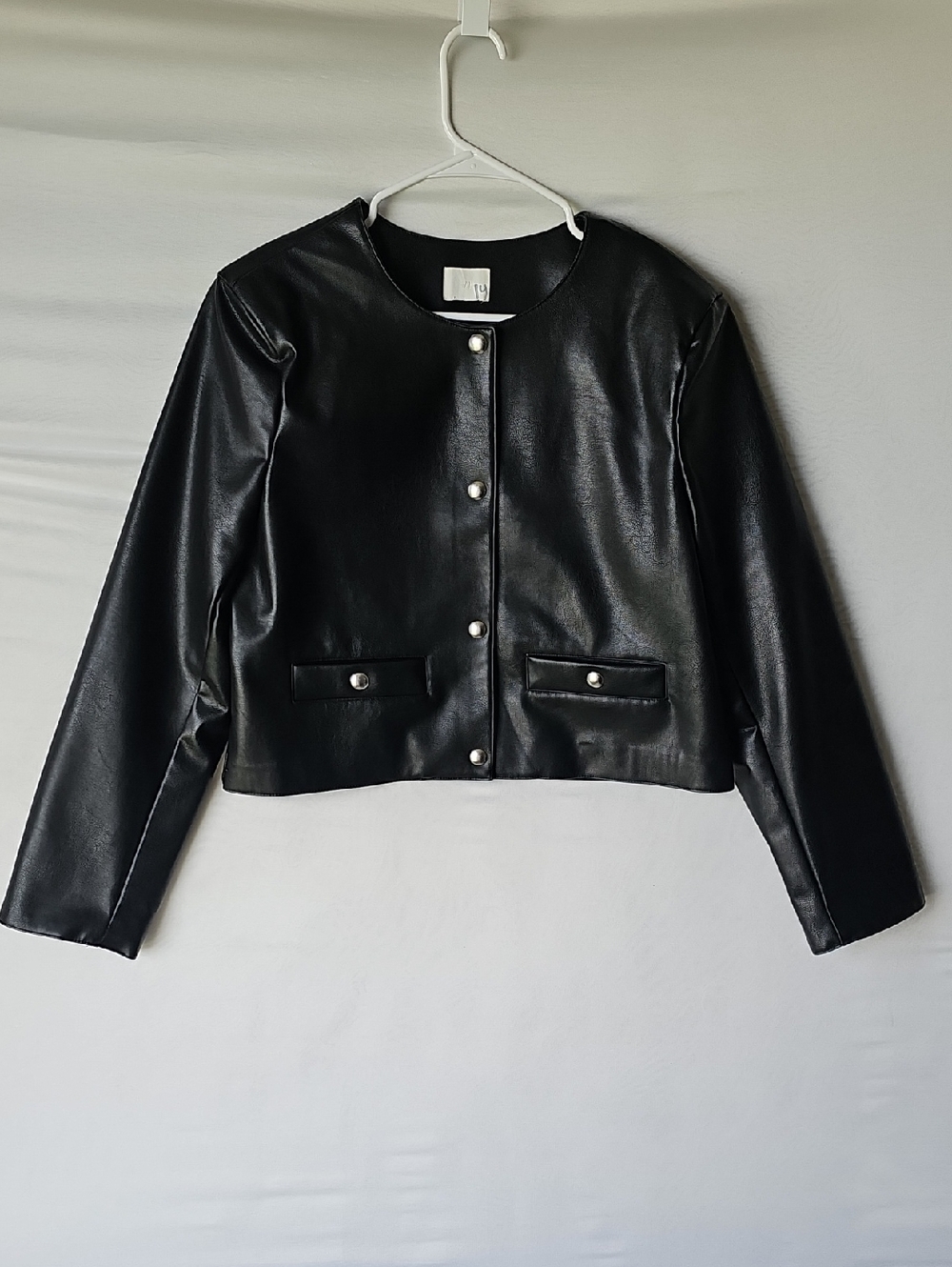 H&M Black Faux Leather Faux Crop Jacket - Size 14 (See Measurements)